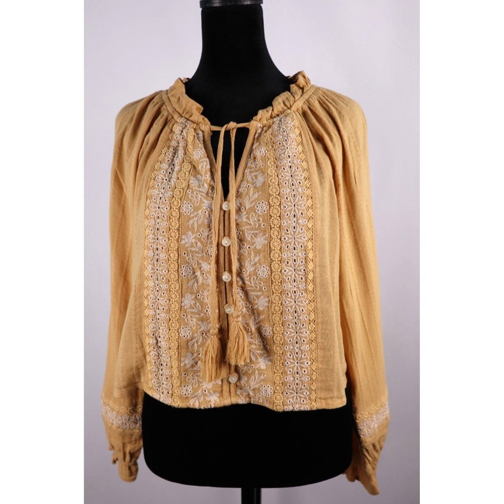 American Eagle Embroidered Mustard Yellow Peasant Blouse With Tassel Tie Neck S